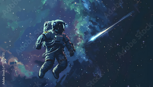 Icon of an astronaut floating outside the space station when suddenly you see a shooting star str Generative AI