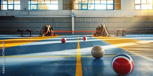 Three balls are on a blue court with a yellow line photo