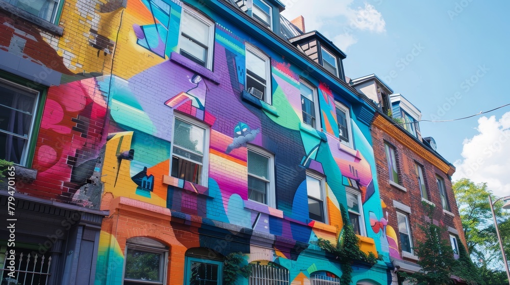 A vibrant street art mural covering an entire building AI generated illustration A vibrant street art mural covering an entire building AI generated illustration