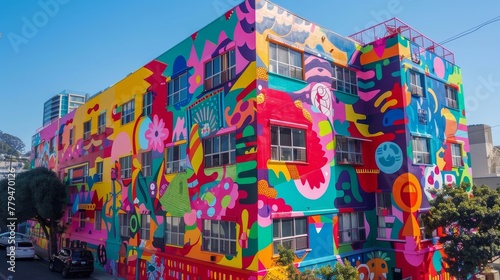 A vibrant street art mural covering an entire building AI generated illustration