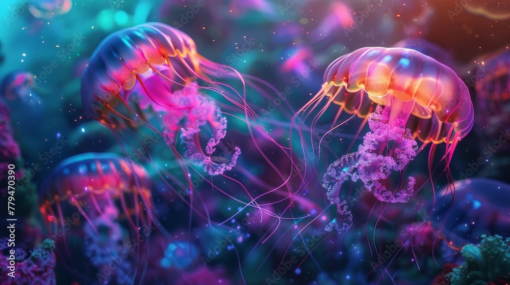A vibrant underwater scene with glowing jellyfish and bioluminescent creatures AI generated illustration A vibrant underwater scene with glowing jellyfish and bioluminescent creatures AI generated illustration