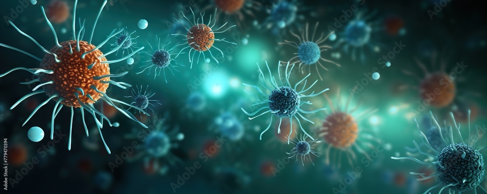 Detailed visualization of virus particles in a microscopic view Detailed visualization of virus particles in a microscopic view