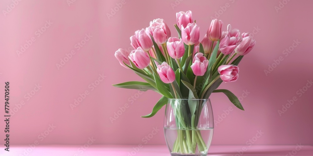 A vase of pink tulips sits on a pink table