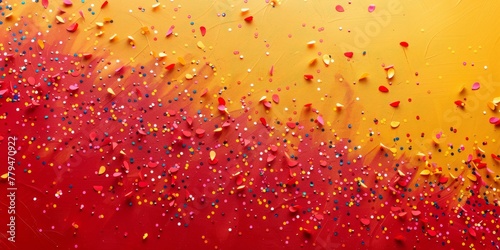 A beautiful red-colored paint mural with little colorful confetti scattered on a yellow background. © Fayrin