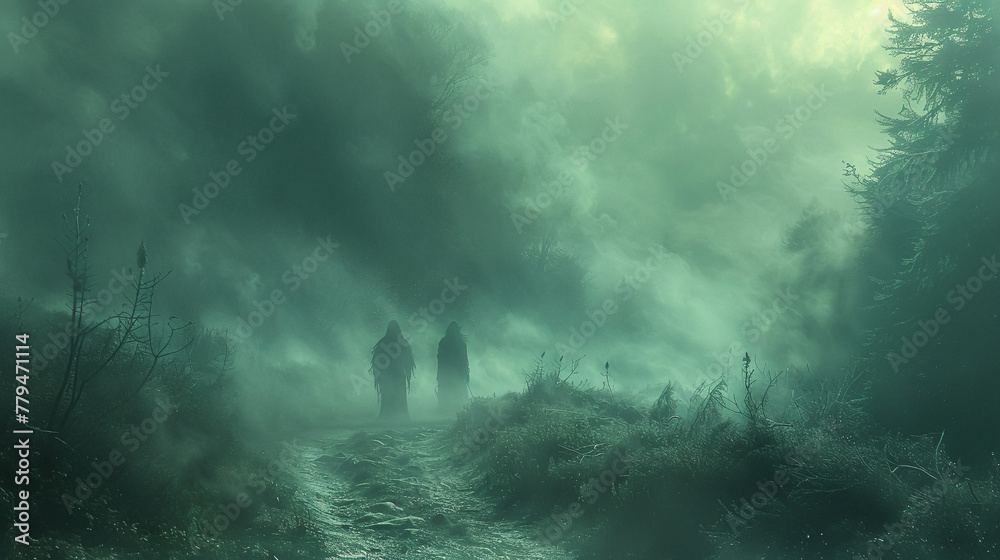 A mysterious fog-filled path where ghostly figures and mythical beasts are glimpsed