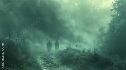 A mysterious fog-filled path where ghostly figures and mythical beasts are glimpsed photo