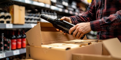 A man is holding a bottle of wine in a store photo