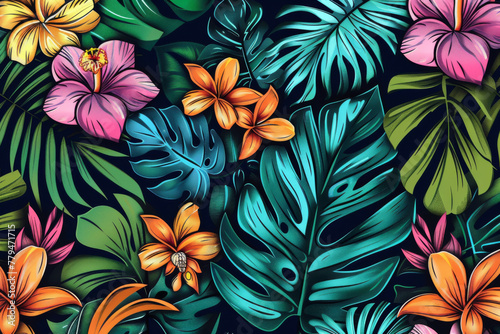 Colorful tropical flowers and leaves form a seamless pattern. A colorful exotic jungle vector illustration background features floral elements
