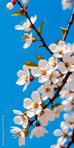 Beautiful pink  white cherry blossom branch on blue sky background