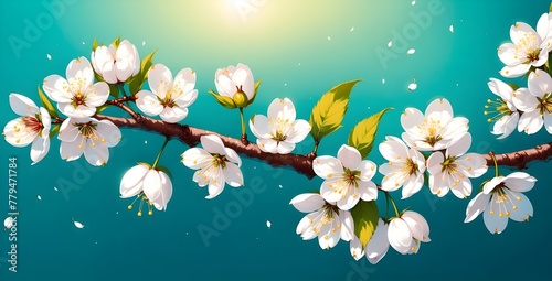 Beautiful pink  white cherry blossom branch on blue sky background