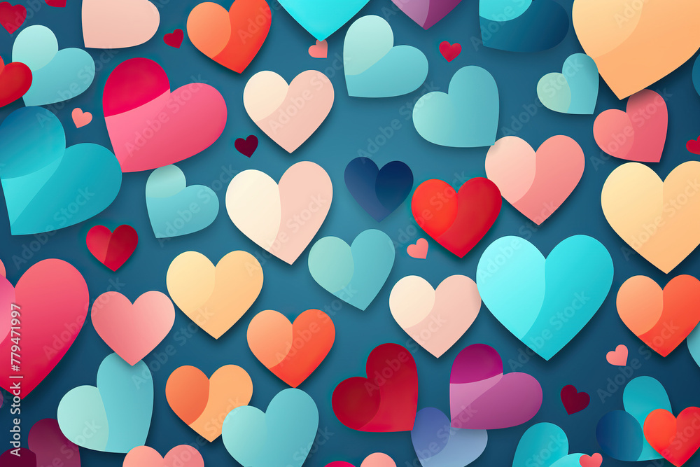 Blue horizontal background with colored hearts. Generated by artificial intelligence