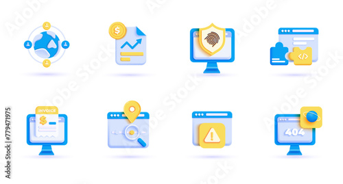 3d business icon set. Trendy illustrations of Digital Business, App development, Marketing, Data Analysis, Startup, Education, Location, Protect, Stock Market, Finance. Render 3d vector objects