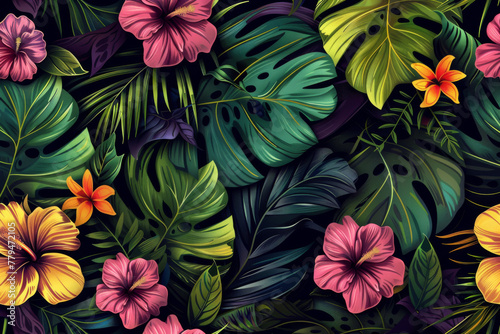 Colorful tropical flowers and leaves form a seamless pattern. A colorful exotic jungle vector illustration background features floral elements