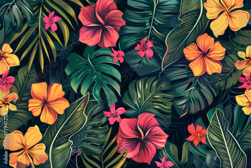 Colorful tropical flowers and leaves form a seamless pattern. A colorful exotic jungle vector illustration background features floral elements #779472178