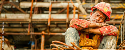 Exhausted construction worker covered in dirt, resting with a pained expression, wearing a safety helmet, evoking the intensity of physical labor. Banner. Copy space