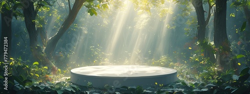 White Circular Podium in the Center of an Enchanted Forest, Surrounded by Tall Trees and Lush Greenery, Perfect for Showcasing Beauty Products or Featuring Nature-Inspired Designs