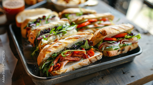 grilled sandwich with ham and vegetables, sandwiches in a tray 