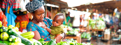 A tender scene at a local market where a mother in traditional African attire holds her baby close, amidst the hustle of daily commerce and vibrant cultural fabrics. Banner. Copy space photo