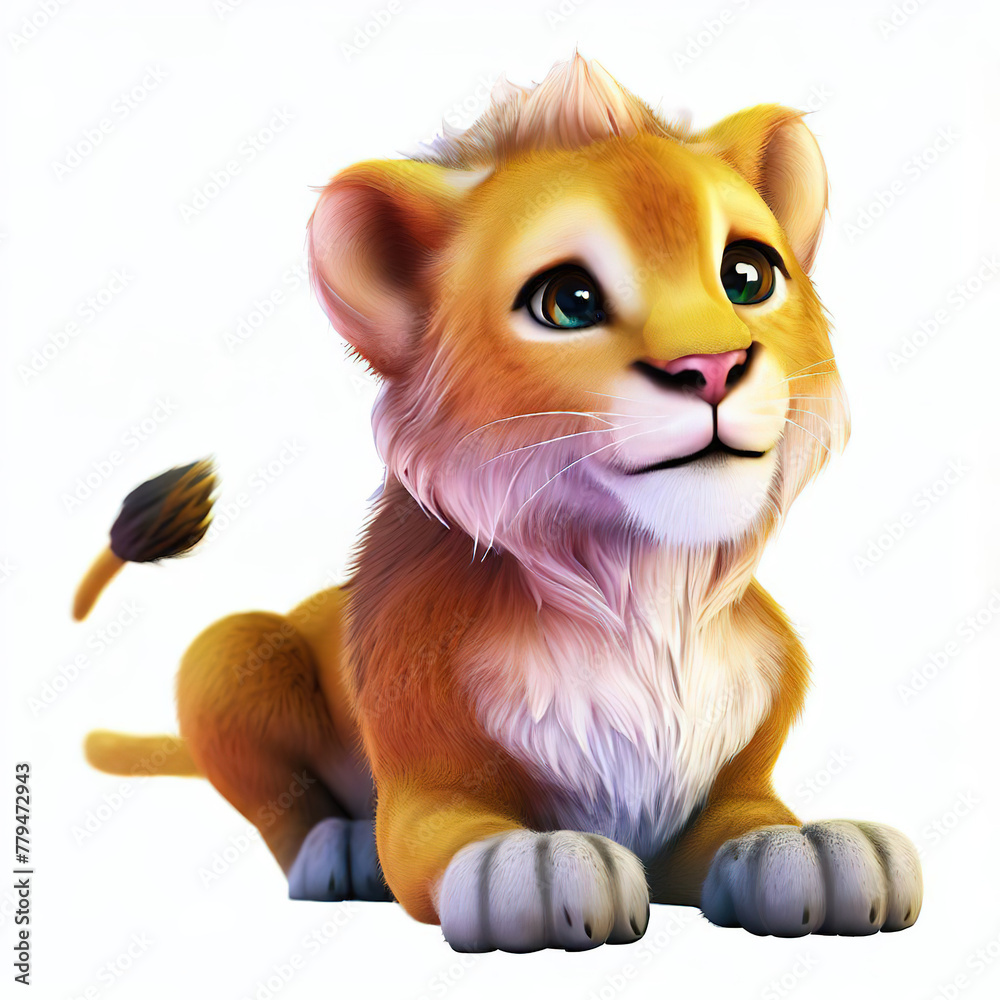 Fototapeta premium 3D furry forest lion with beautiful colors and white backgroundwith Generative AI technology 