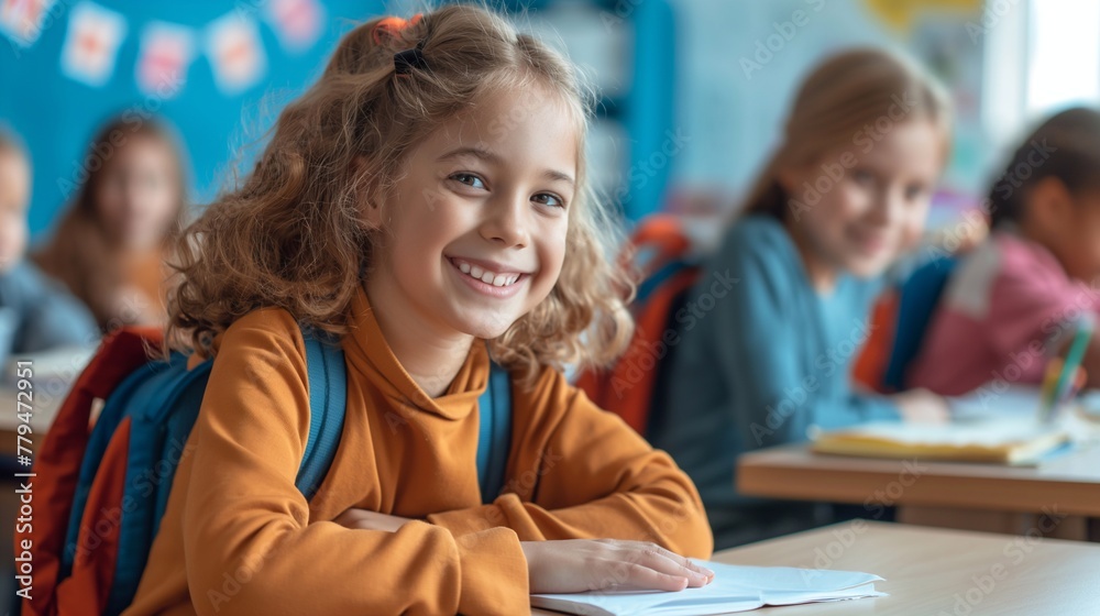 Foto de Adorable happy blonde little girl came to school first time ...