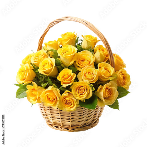 Yellow roses in a basket isolated on transparent background