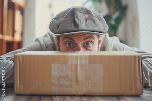 The man suspiciously puts and looks in surprise at the box with delivery to the address