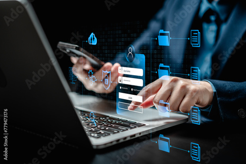 Internet network cybersecurity concept, data privacy protection from malicious attacks, digital information technology security,.Businesswomen login interface virtual online network..