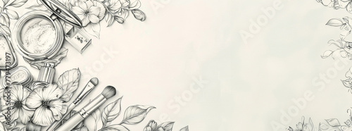 An artistic grayscale illustration of makeup and flowers, symbolizing the intersection of natural beauty and cosmetic elegance, suitable for beauty and fashion branding. Banner. Copy space photo