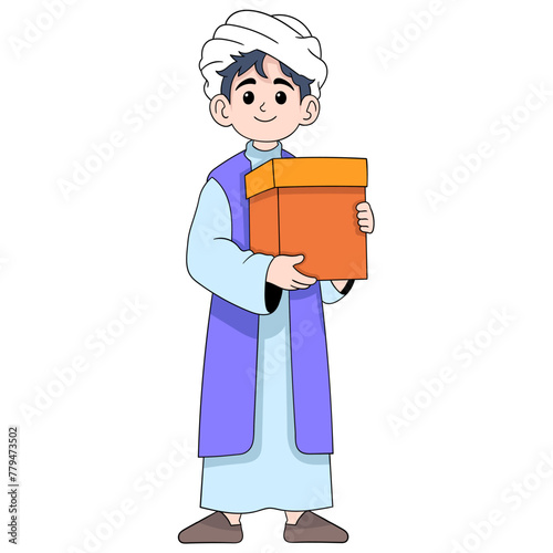 young Muslim boy is carrying gifts to be distributed to poor people