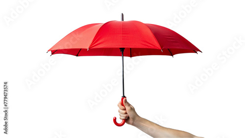 Hand holding red color umbrella isolated on transparent background