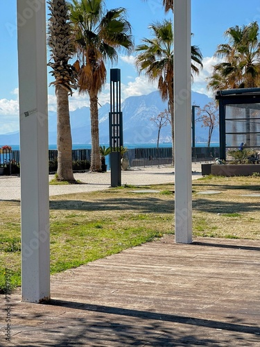 A sea and beach in a park near the Konyalti district in Antalya.