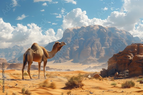 A camel, a terrestrial animal, stands majestically in the middle of a vast desert landscape under a clear blue sky with fluffy cumulus clouds, a symbol of travel and a hardworking camelid photo
