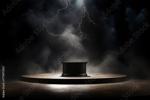A black round podium bathed in dramatic spotlighting sits beneath a backdrop of flashing lightning