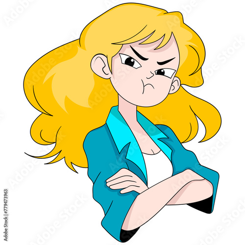 beautiful blonde haired woman with a frowning expression