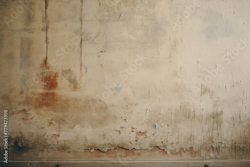 A close-up of a white wall in poor condition background, with peeling paint and cracks
