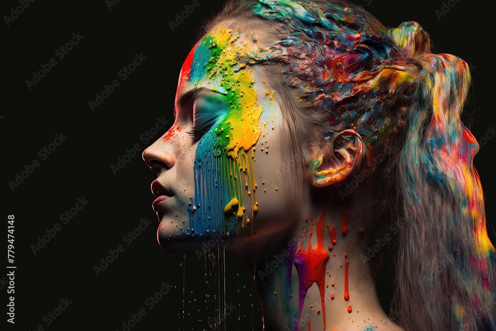 Professional Retouch of a Woman with Colorful Paint on Her Face - Art Photography with Neon Rainbow Drip Paint