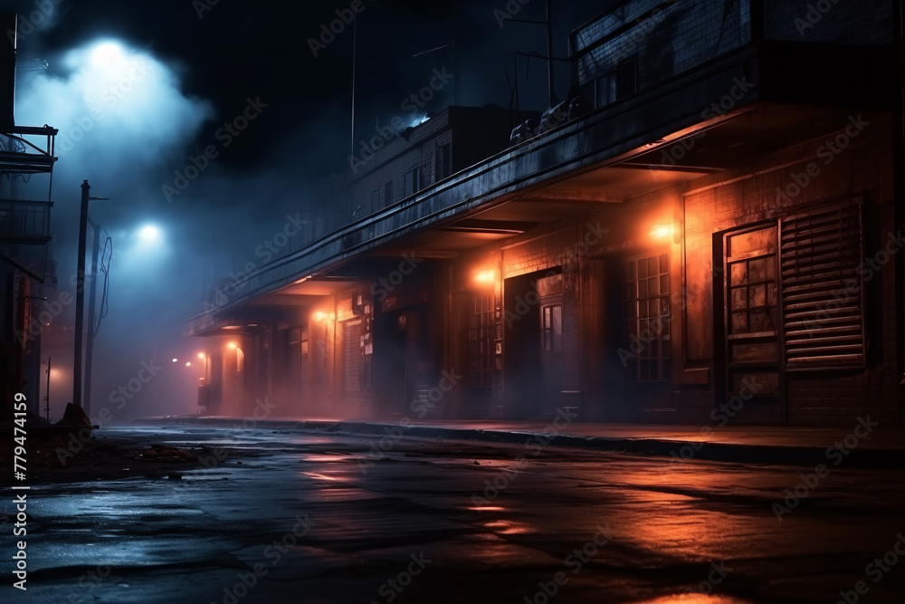 A dark and foggy city street at night with red light peeking through from a window