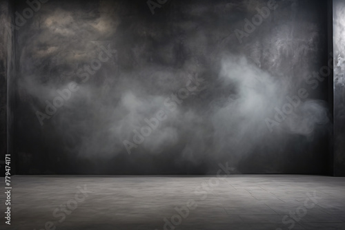A dark room with smoke billowing, casting light on a concrete floor