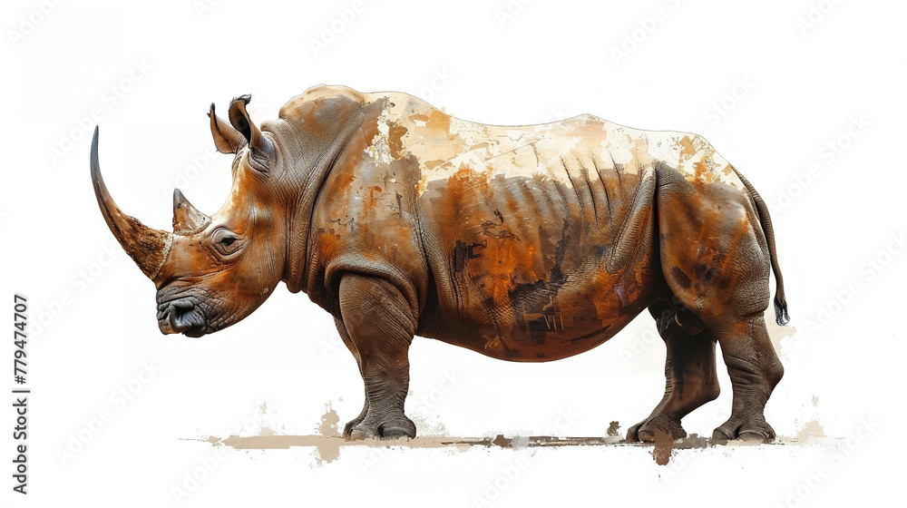 Fototapeta premium Rhino (Rhinoceros) in painted on canvas Isolated on white background.