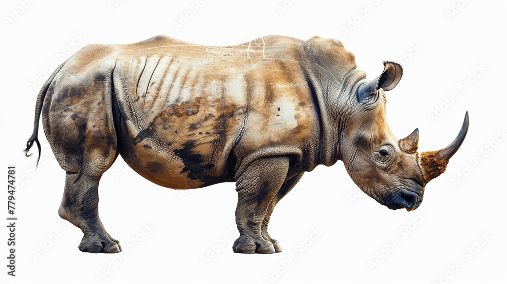 Fototapeta premium Rhino (Rhinoceros) in painted on canvas Isolated on white background.
