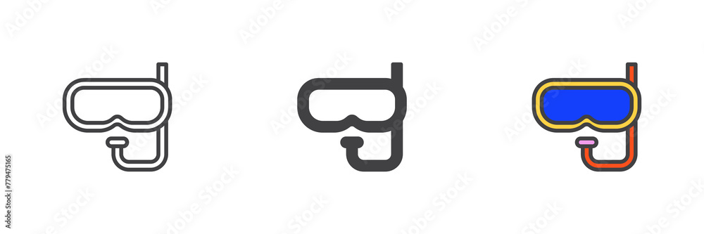 Scuba mask and snorkel different style icon set Scuba mask and snorkel different style icon set