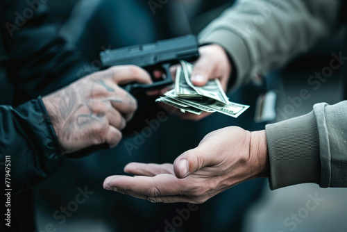 Hand exchange of money for a gun in a shady deal. photo