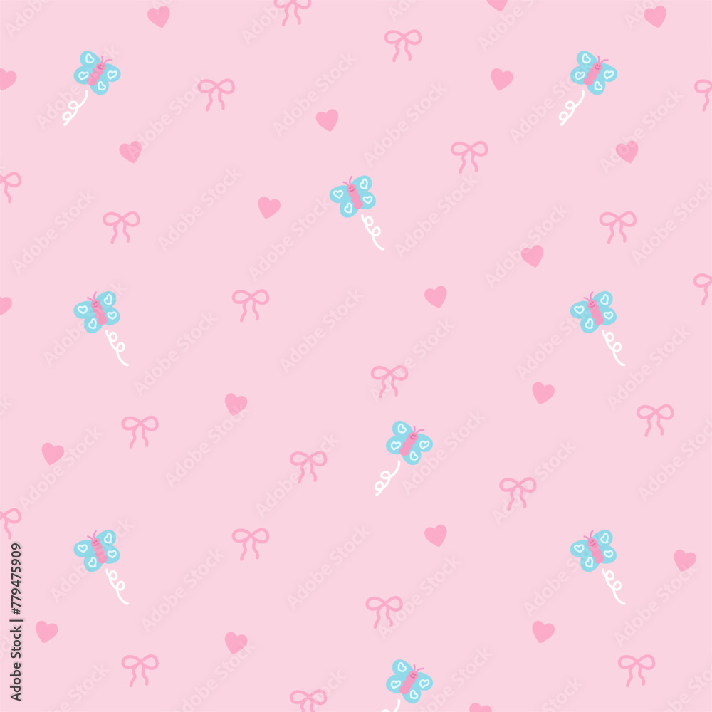 Vector illustration of pink ribbon, heart and butterfly on a pastel pink background for wallpaper, spring, summer, sweet backdrop, ad template, fabric print, kid clothes, fashion, textile, Valentine
