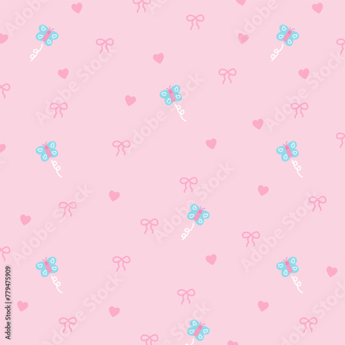 Vector illustration of pink ribbon, heart and butterfly on a pastel pink background for wallpaper, spring, summer, sweet backdrop, ad template, fabric print, kid clothes, fashion, textile, Valentine