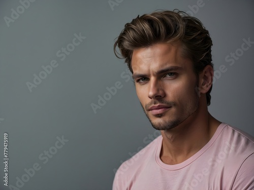 Handsome young man wearing light pink t shirt