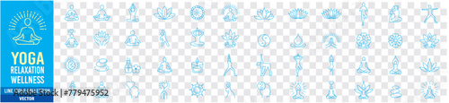 Meditation Practice Yoga and Zen icons set. Relaxation Inner Peace Self-knowledge Inner Concentration Editable Stroke Line icons collection Vector.