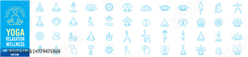 Meditation Practice Yoga and Zen icons set. Relaxation Inner Peace Self-knowledge Inner Concentration Editable Stroke Line icons collection Vector.