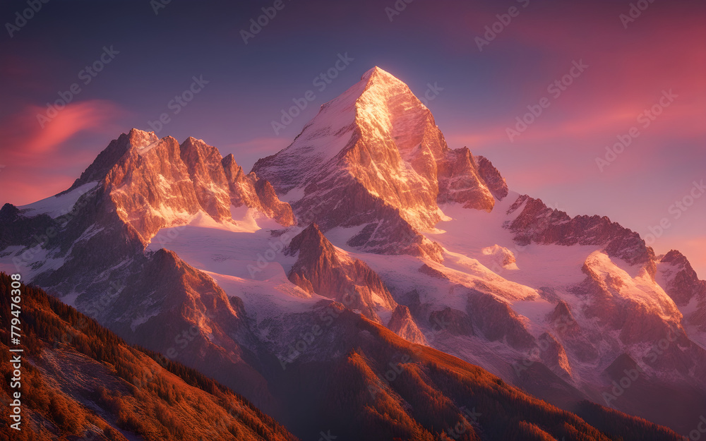 Alpenglow on Swiss Alps, pink and orange skies, snow-capped peaks, breathtaking mountain scenery