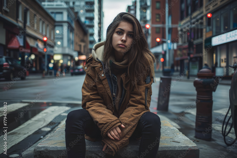 Fototapeta premium Young woman walking down the streets of a busy city.