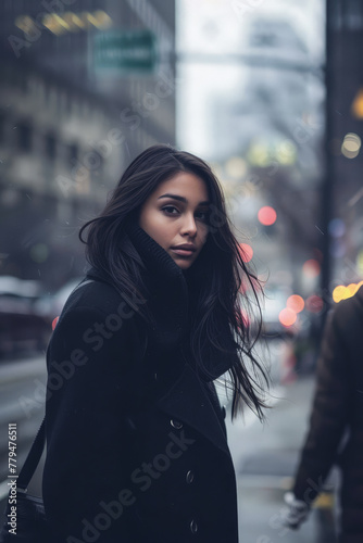 Young woman walking down the streets of a busy city. © JuanM